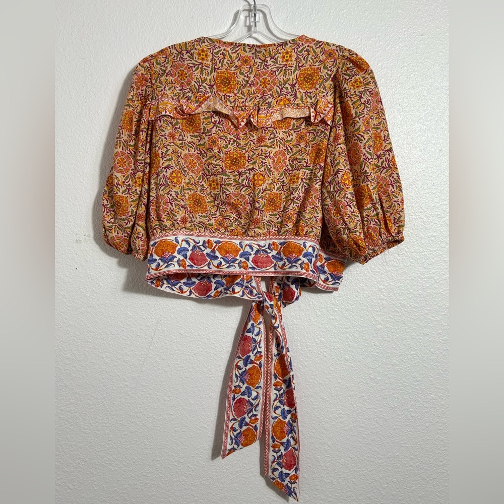 Rachel Zoe Cropped Boho V-front Tie-Front Floral Linen Top‎ Orange & Purple - Picture 7 of 14